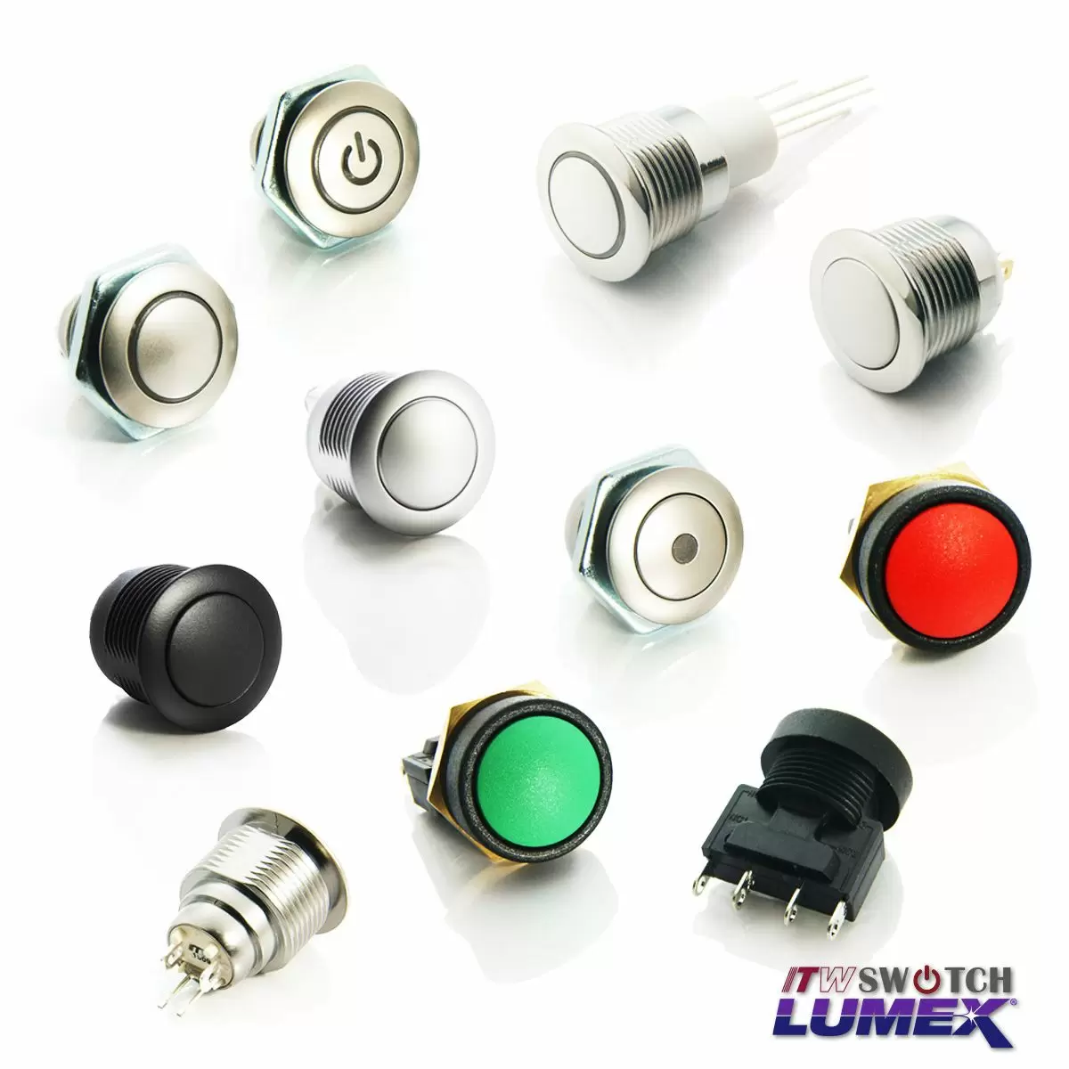 Il pulsante cambia daITW Lumex Switchsono disponibili in una gamma di design, tutti compatibili con un foro del pannello da 16 mm.